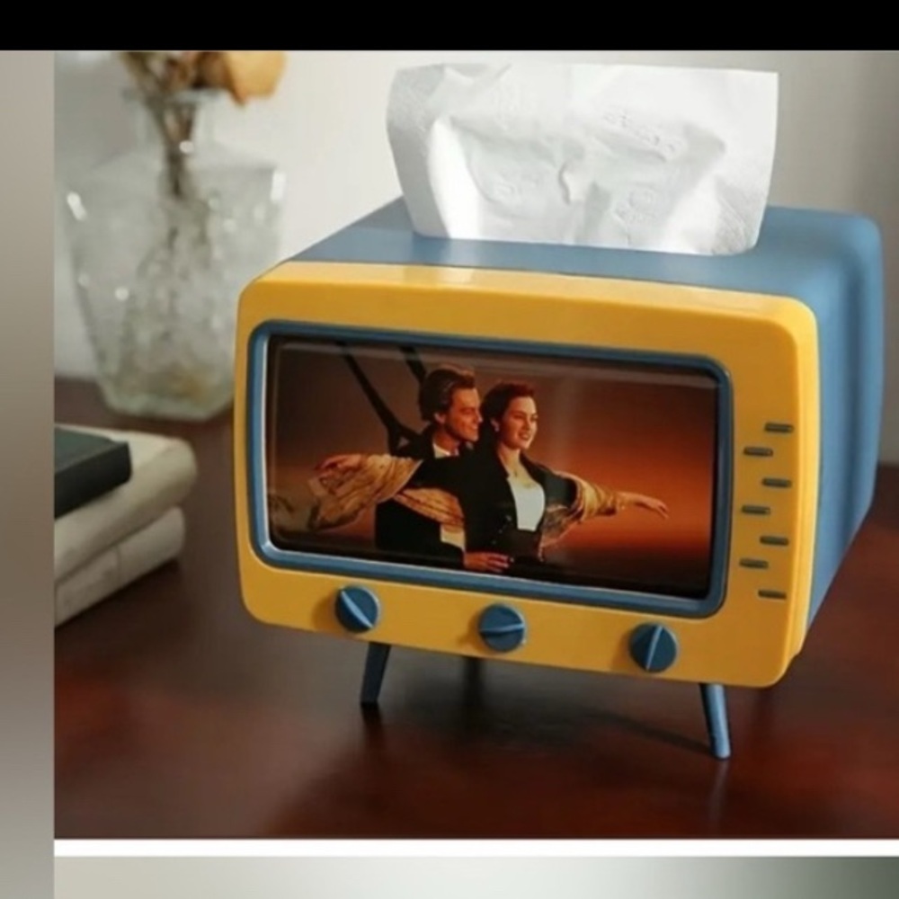 Retro Television “Boob Tube” TV Cell phone Stand & Tissue holder. Blue Orange